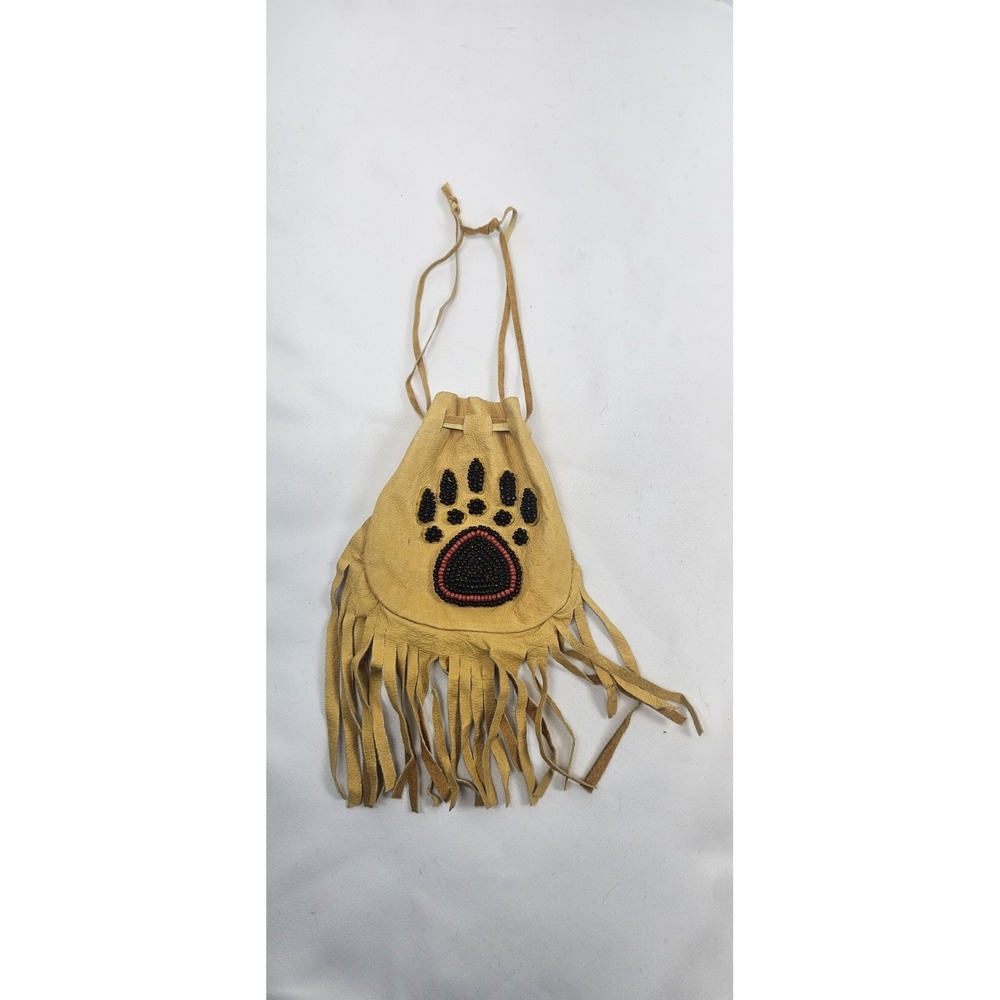 Leather Fringe Drawstring Pouch Beaded Bear Paw Mini Bag Western Festival